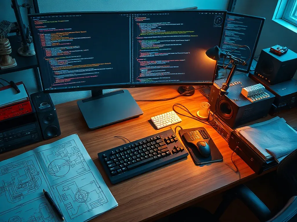 A high-resolution top-down view of a modern workstation with