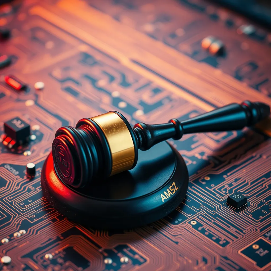 A technical close-up of a legal gavel resting on a digital c
