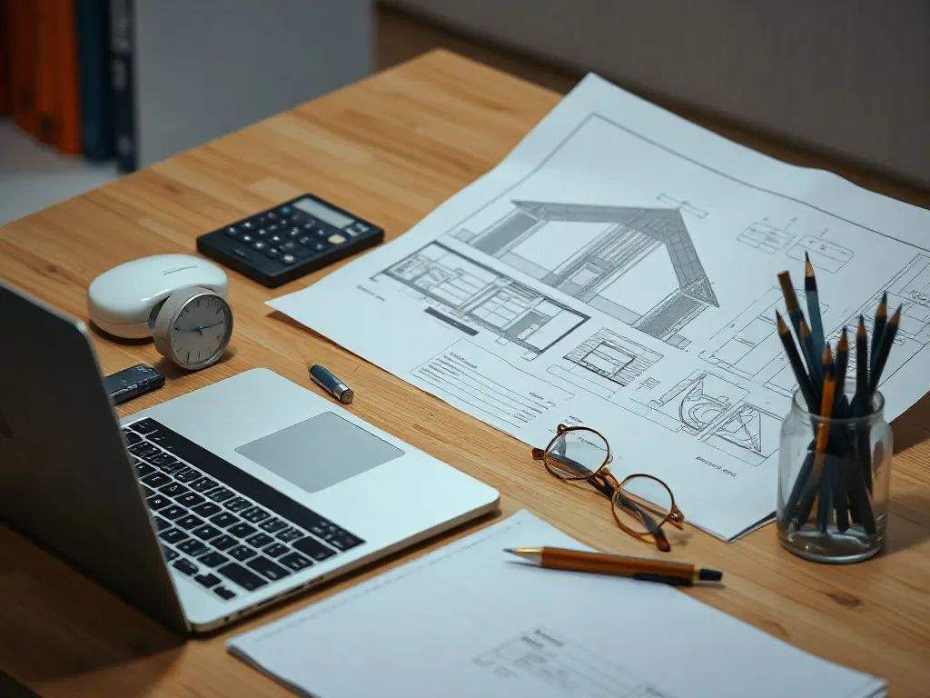 A professional clean technical workspace with a laptop, note